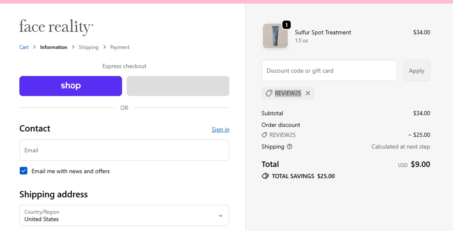 Face Reality Acne Skincare promo code screenshot showing code REVIEW25 applied at Face Reality Acne Skincare checkout page. Uploaded by SimplyCodes community member salepmigajera on Oct 23, 2025