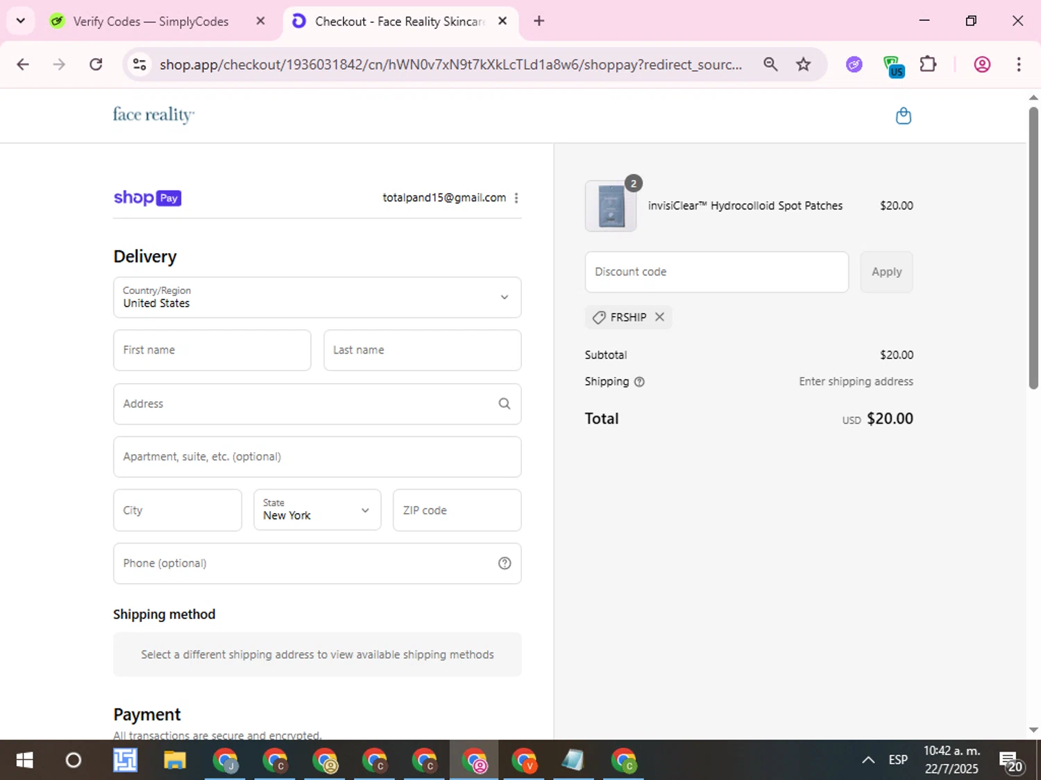 Face Reality Skincare discount code screenshot showing code FRSHIP applied at Face Reality Skincare checkout page. Uploaded by SimplyCodes community member QuestCurator1644 on Jul 22, 2025