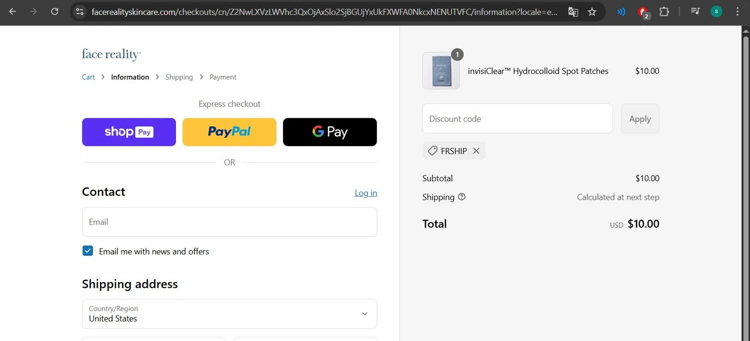 Face Reality Skincare discount code screenshot showing code FRSHIP applied at Face Reality Skincare checkout page. Uploaded by SimplyCodes community member lizimerz on Jul 2, 2025
