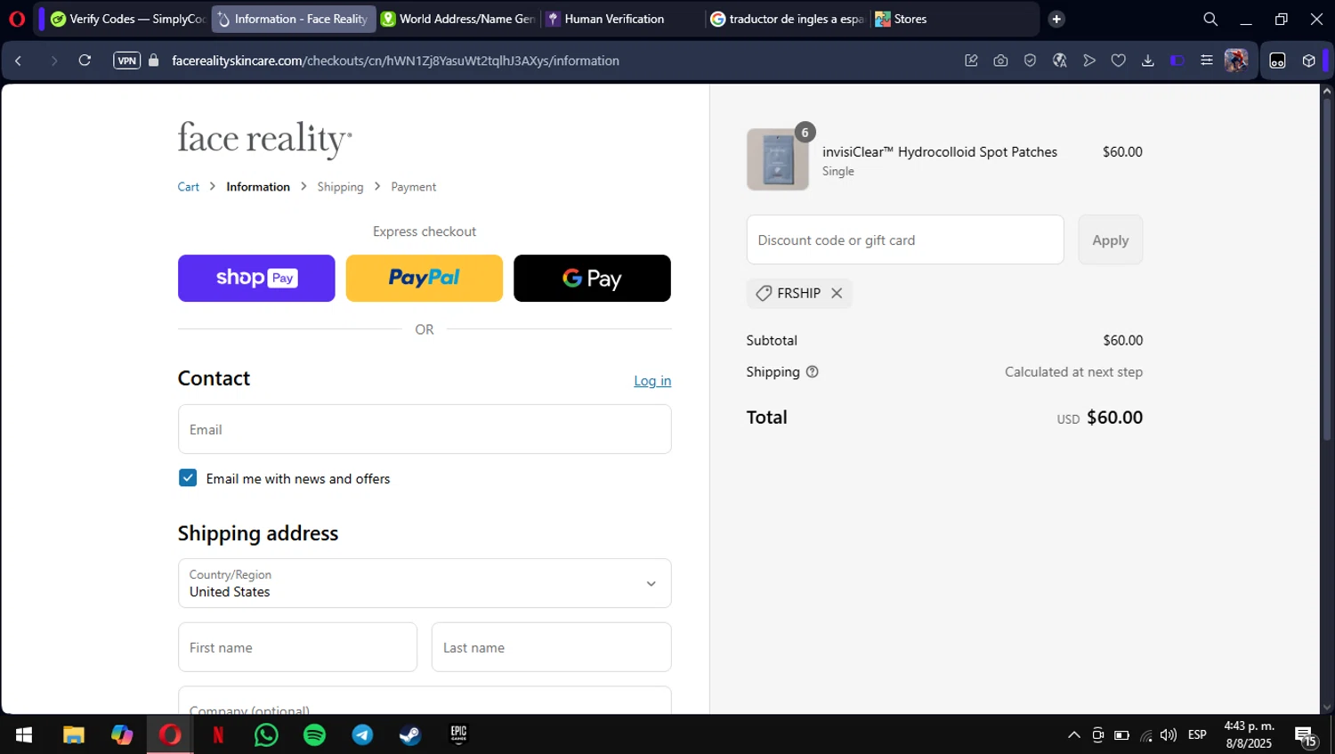 Face Reality Skincare discount code screenshot showing code FRSHIP applied at Face Reality Skincare checkout page. Uploaded by SimplyCodes community member mimusuky1 on Aug 8, 2025