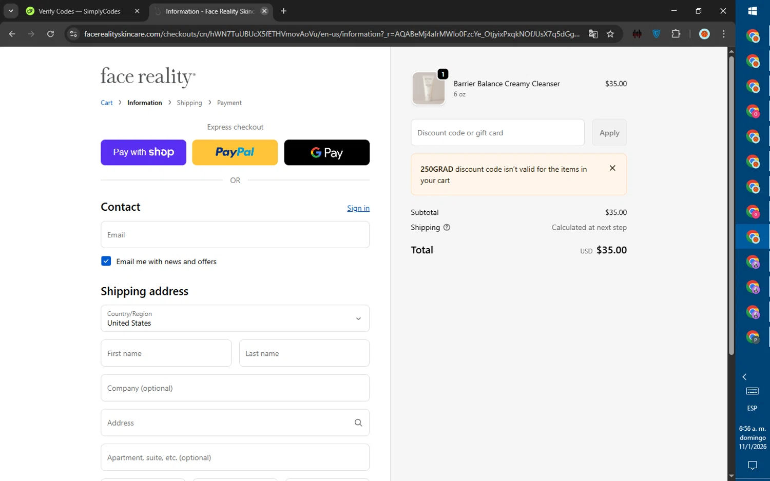 Face Reality Skincare checkout page showing Face Reality Skincare discount code box | Screenshot taken by SimplyCodes community member on Jan 11, 2026