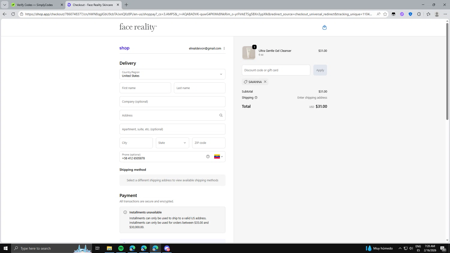 Face Reality Skincare checkout page showing Face Reality Skincare discount code box | Screenshot taken by SimplyCodes community member on Feb 16, 2026