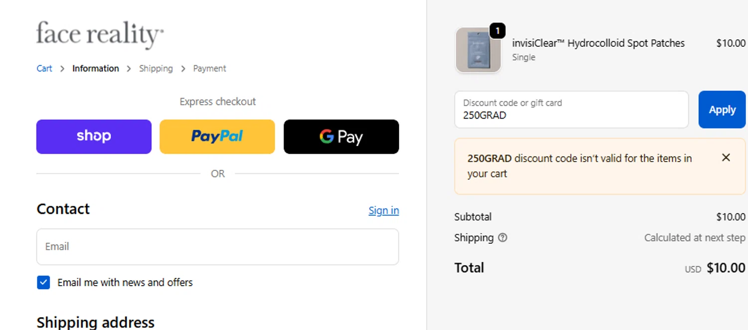 Face Reality Skincare discount code screenshot showing code 250GRAD applied at Face Reality Skincare checkout page. Uploaded by SimplyCodes community member ashe1986 on Nov 14, 2025