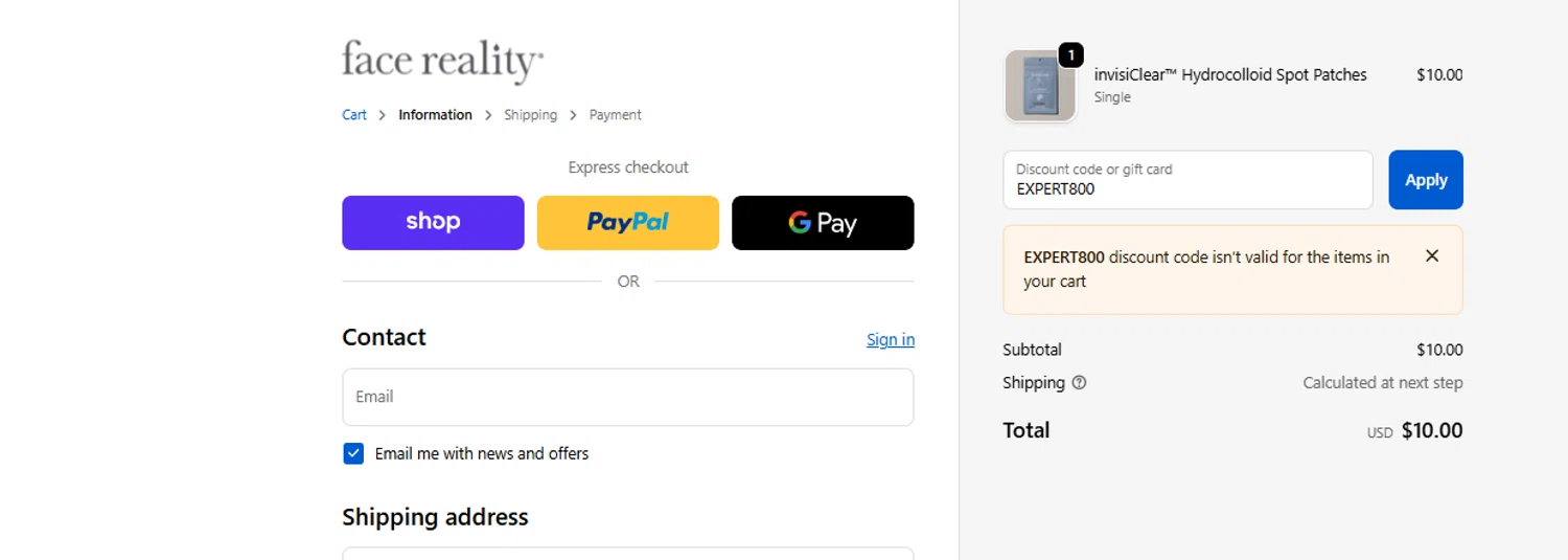 Face Reality Skincare discount code screenshot showing code EXPERT800 applied at Face Reality Skincare checkout page. Uploaded by SimplyCodes community member ashe1986 on Nov 14, 2025