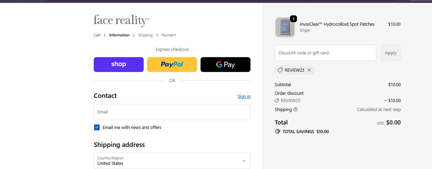Face Reality Skincare discount code screenshot showing code REVIEW25 applied at Face Reality Skincare checkout page. Uploaded by SimplyCodes community member ashe1986 on Nov 14, 2025
