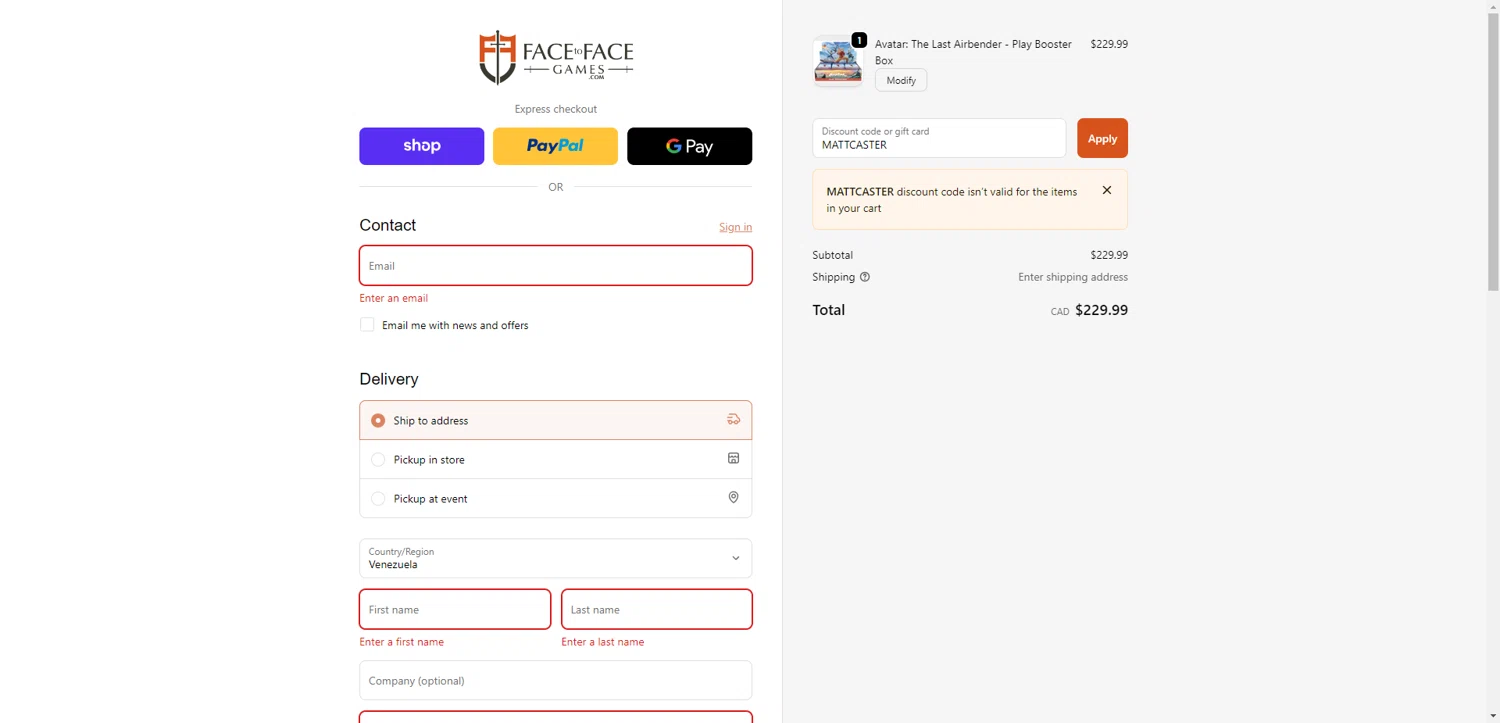 FacetoFacegames.com promo code screenshot showing code MATTCASTER applied at FacetoFacegames.com checkout page. Uploaded by SimplyCodes community member CashSentinel5495 on Dec 13, 2025