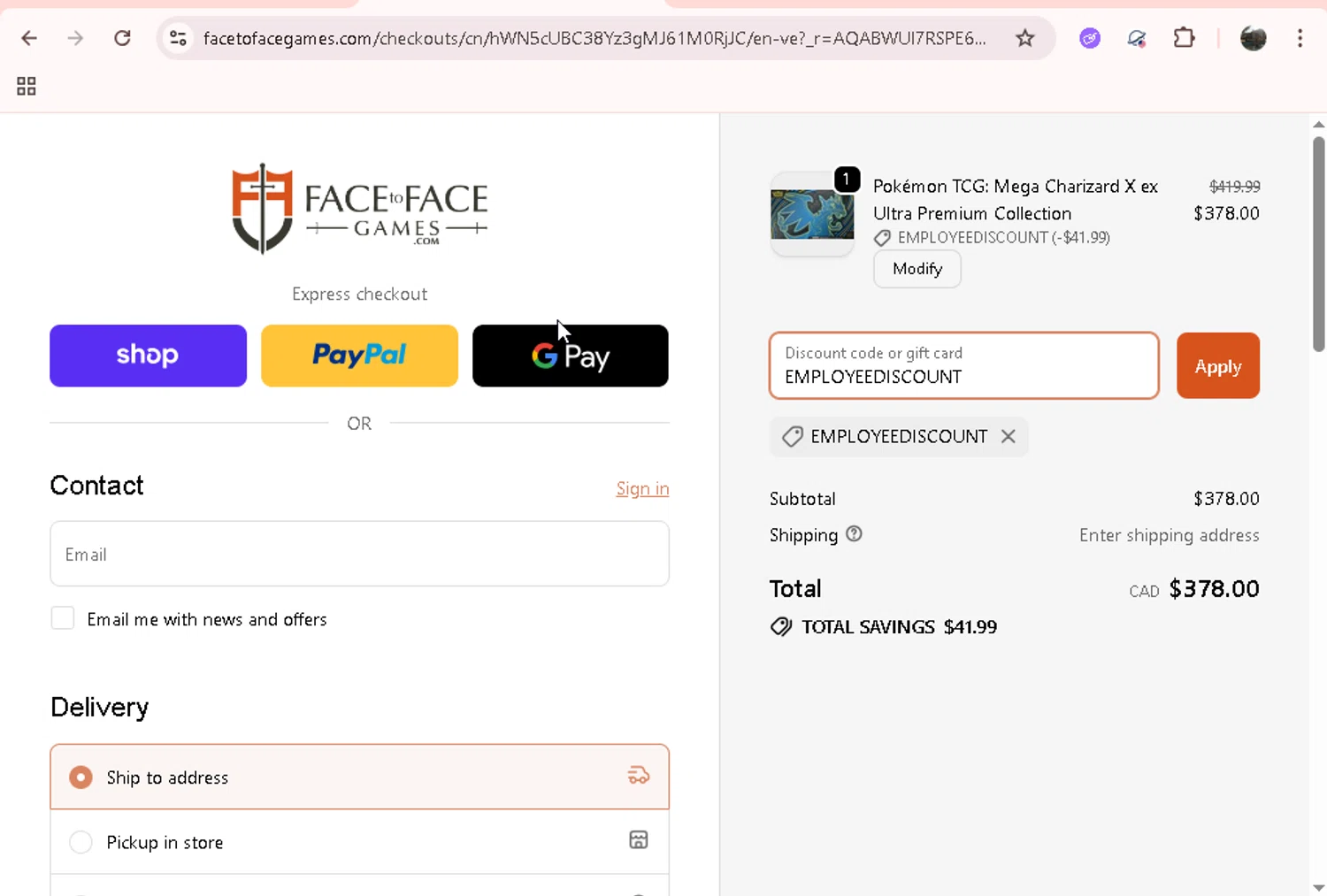 FacetoFacegames.com promo code screenshot showing code EMPLOYEEDISCOUNT applied at FacetoFacegames.com checkout page. Uploaded by SimplyCodes community member JASTIFY on Nov 23, 2025
