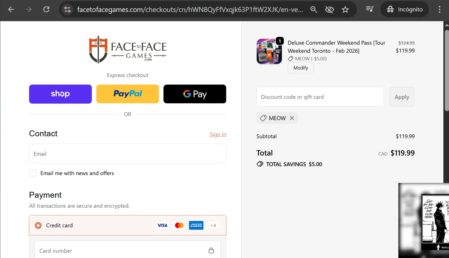 FacetoFacegames.com promo code screenshot showing code MEOW applied at FacetoFacegames.com checkout page. Uploaded by SimplyCodes community member anosesmith on Feb 5, 2026