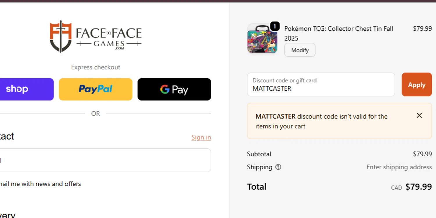 FacetoFacegames.com promo code screenshot showing code MATTCASTER applied at FacetoFacegames.com checkout page. Uploaded by SimplyCodes community member ashe1986 on Dec 10, 2025