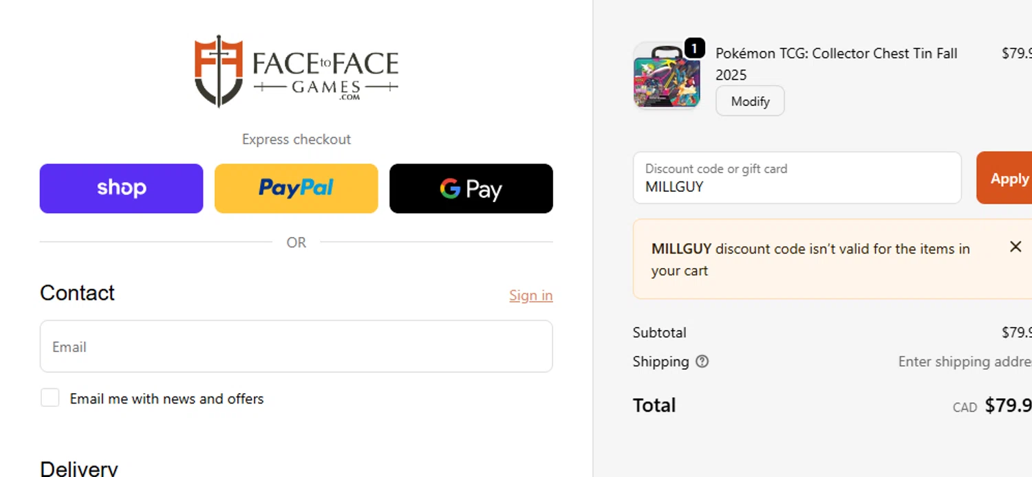 FacetoFacegames.com promo code screenshot showing code MILLGUY applied at FacetoFacegames.com checkout page. Uploaded by SimplyCodes community member ashe1986 on Dec 10, 2025