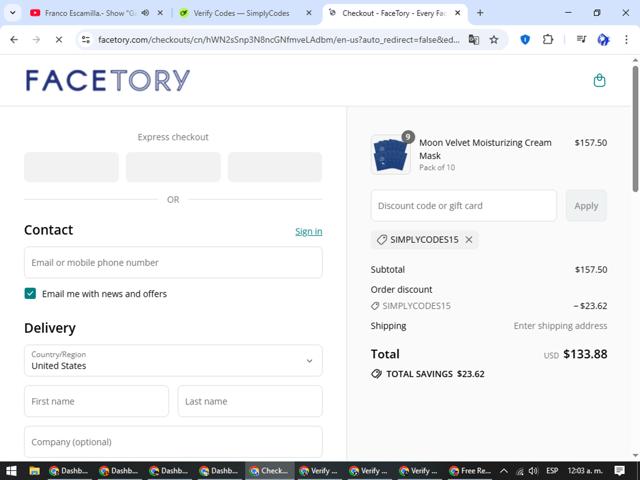 FaceTory checkout page showing FaceTory promo code box | Screenshot taken by SimplyCodes community member on Sep 12, 2025