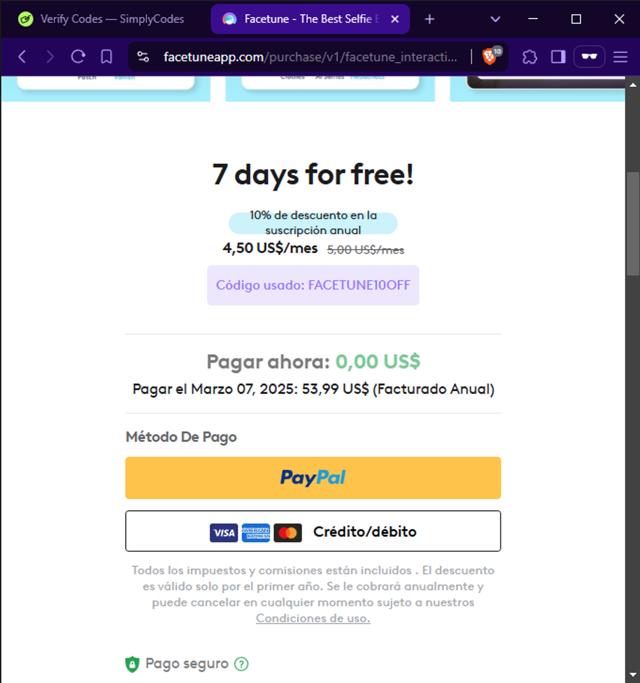 Facetune checkout page showing Facetune promo code box | Screenshot taken by SimplyCodes community member on Feb 28, 2025