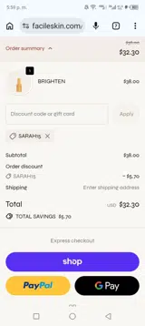 Sarah15 coupon verification screenshot