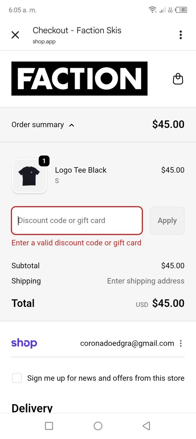 Faction Skis discount code screenshot showing code APPAREL10 applied at Faction Skis checkout page. Uploaded by SimplyCodes community member tumiedo on Dec 2, 2025