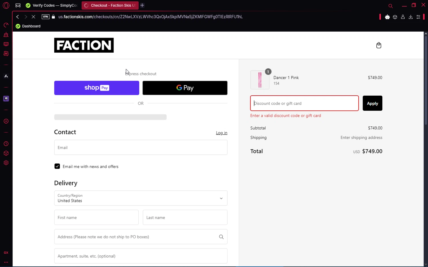Faction Skis discount code screenshot showing code VIP15 applied at Faction Skis checkout page. Uploaded by SimplyCodes community member jakeperro on Jan 26, 2025