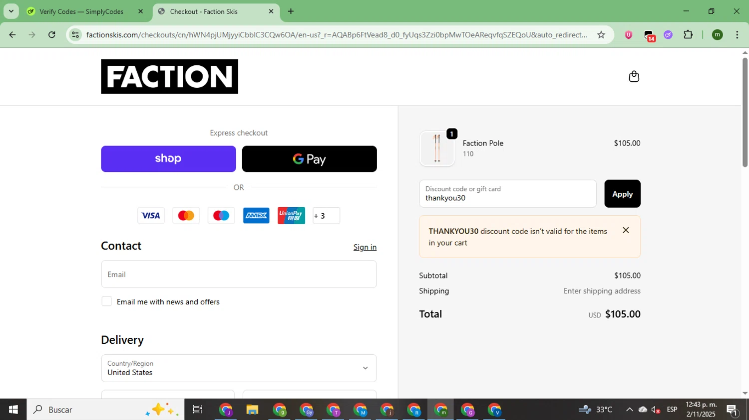 Faction Skis discount code screenshot showing code thankyou30 applied at Faction Skis checkout page. Uploaded by SimplyCodes community member CoinSage7057 on Nov 2, 2025