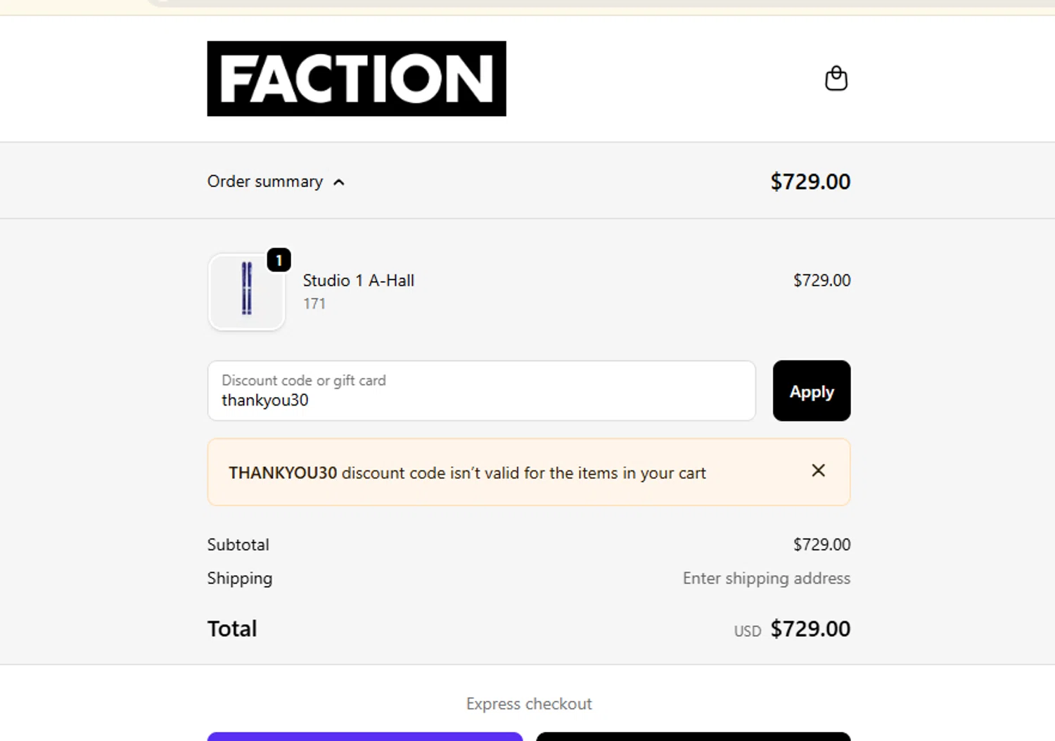 Faction Skis discount code screenshot showing code thankyou30 applied at Faction Skis checkout page. Uploaded by SimplyCodes community member ashe1986 on Oct 24, 2025