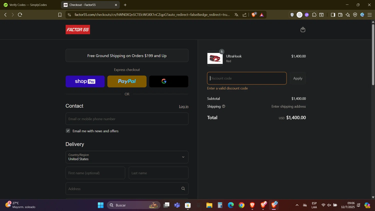 Factor 55 discount code screenshot showing code f55usa applied at Factor 55 checkout page. Uploaded by SimplyCodes community member DealAdmiral5466 on Jul 12, 2025