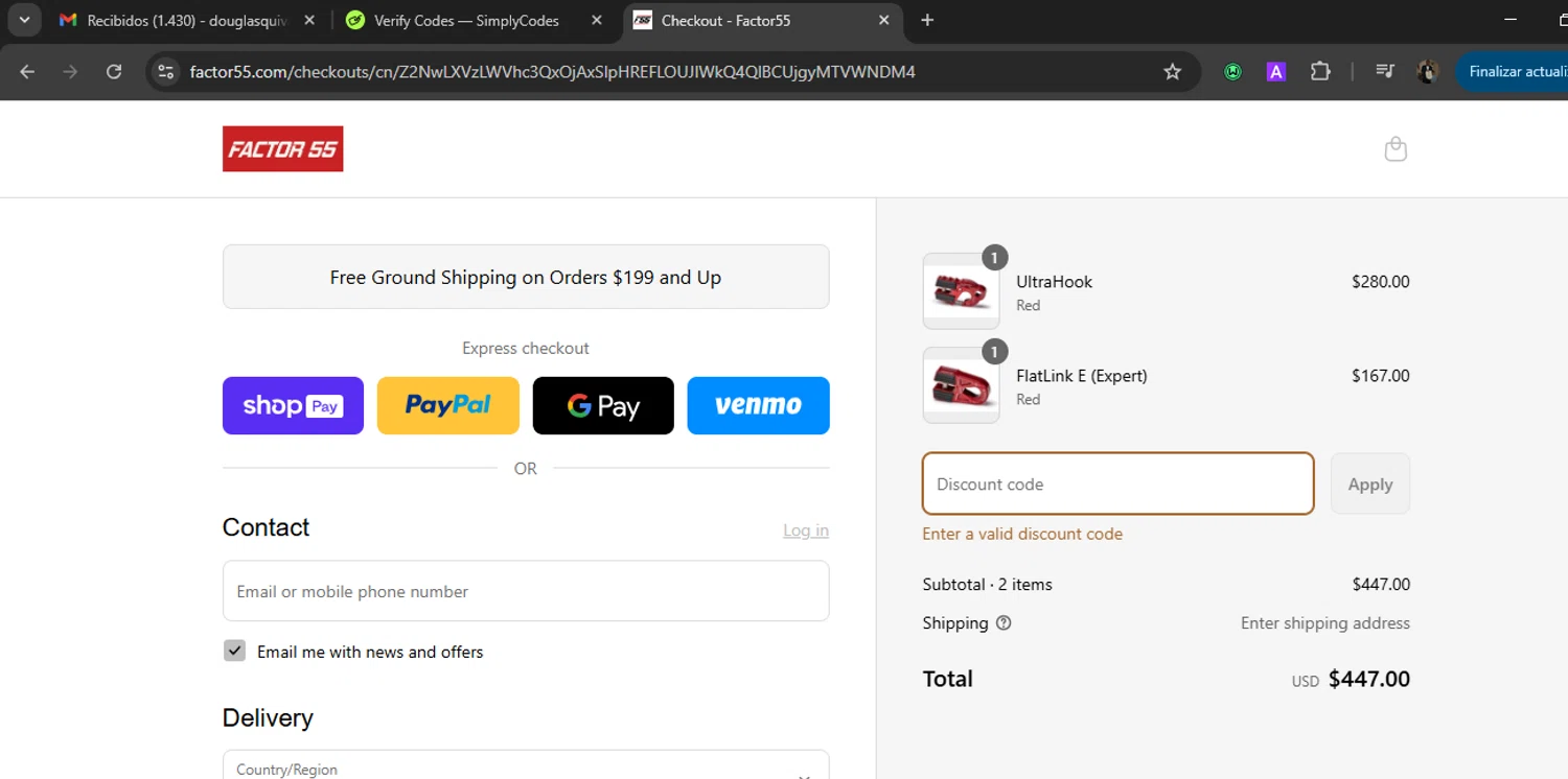 Factor 55 discount code screenshot showing code NEWFACTOR applied at Factor 55 checkout page. Uploaded by SimplyCodes community member WiseLegend5590 on Jul 6, 2025