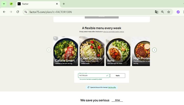 Factor75 checkout page showing Factor75 promo code box | Screenshot taken by SimplyCodes community member on Jul 26, 2025