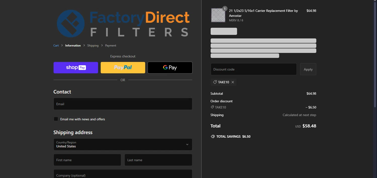 where to use Factory Direct Filters promo code box