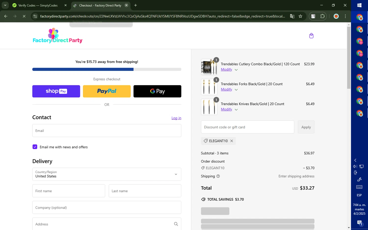 Factory Direct Party discount code screenshot showing code ELEGANT10 applied at Factory Direct Party checkout page. Uploaded by SimplyCodes community member CashMaverick8128 on Feb 4, 2025