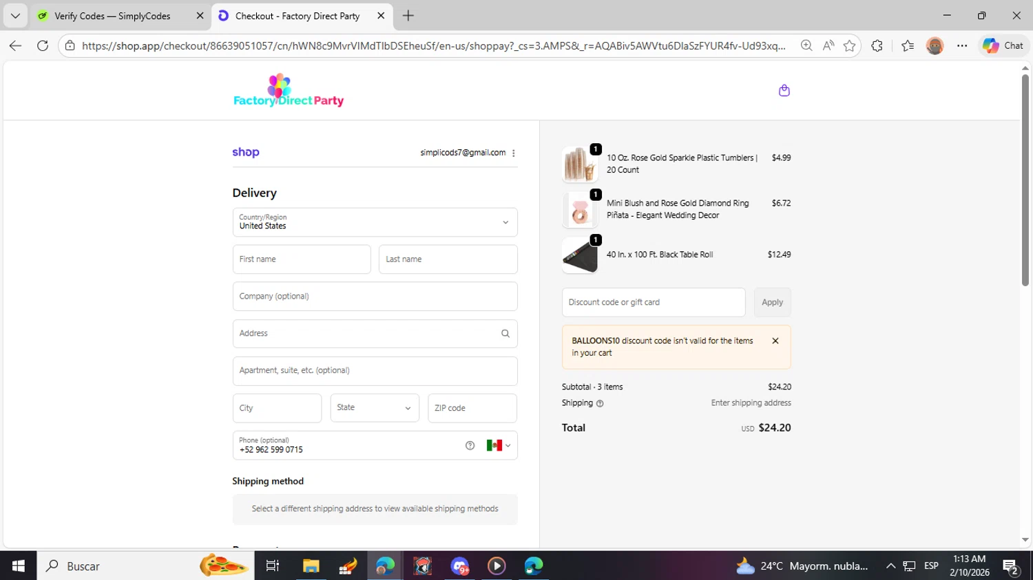 Factory Direct Party checkout page showing Factory Direct Party discount code box | Screenshot taken by SimplyCodes community member on Feb 10, 2026