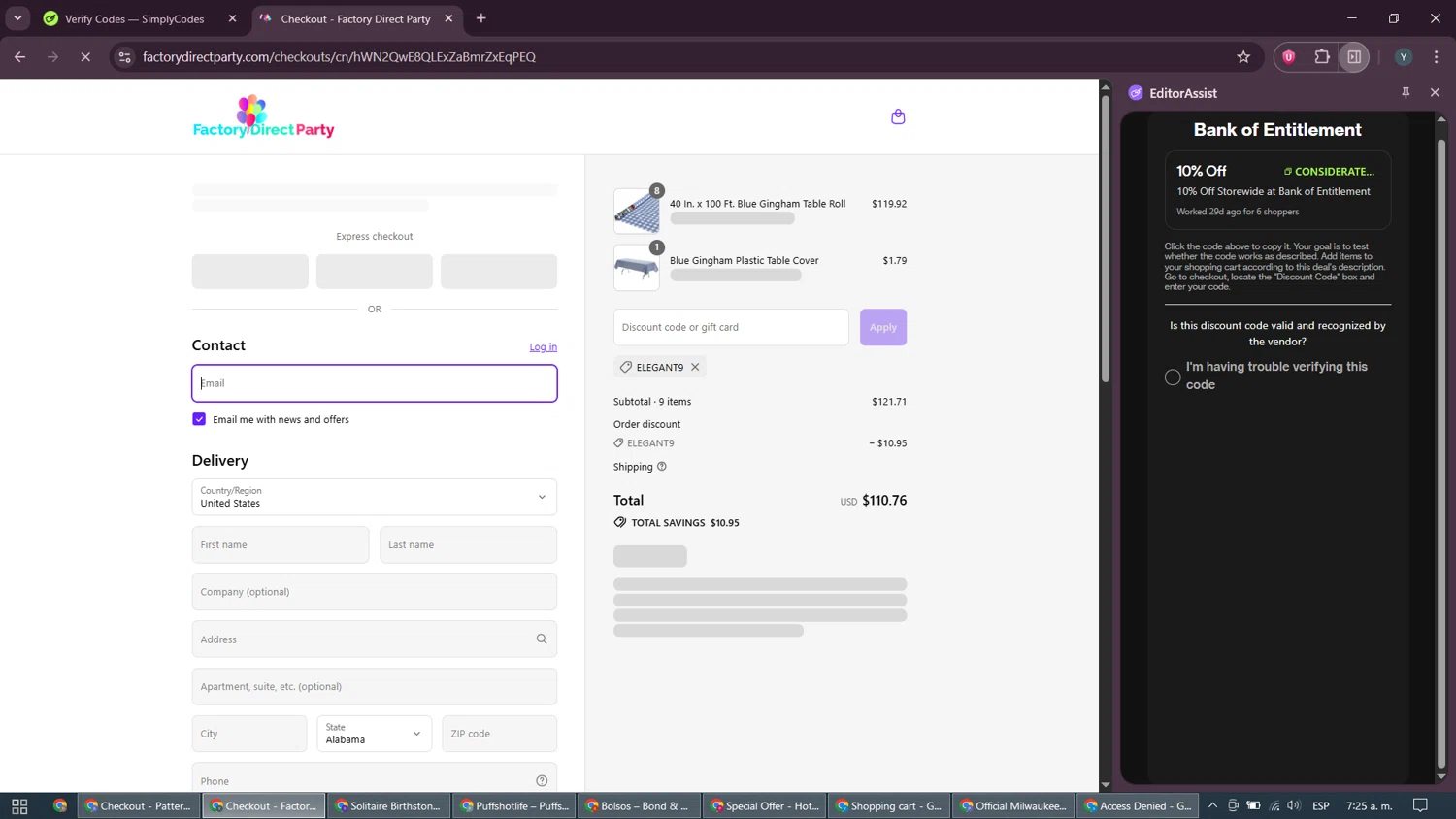 Factory Direct Party discount code screenshot showing code ELEGANT9 applied at Factory Direct Party checkout page. Uploaded by SimplyCodes community member PromoGenius8436 on Aug 31, 2025