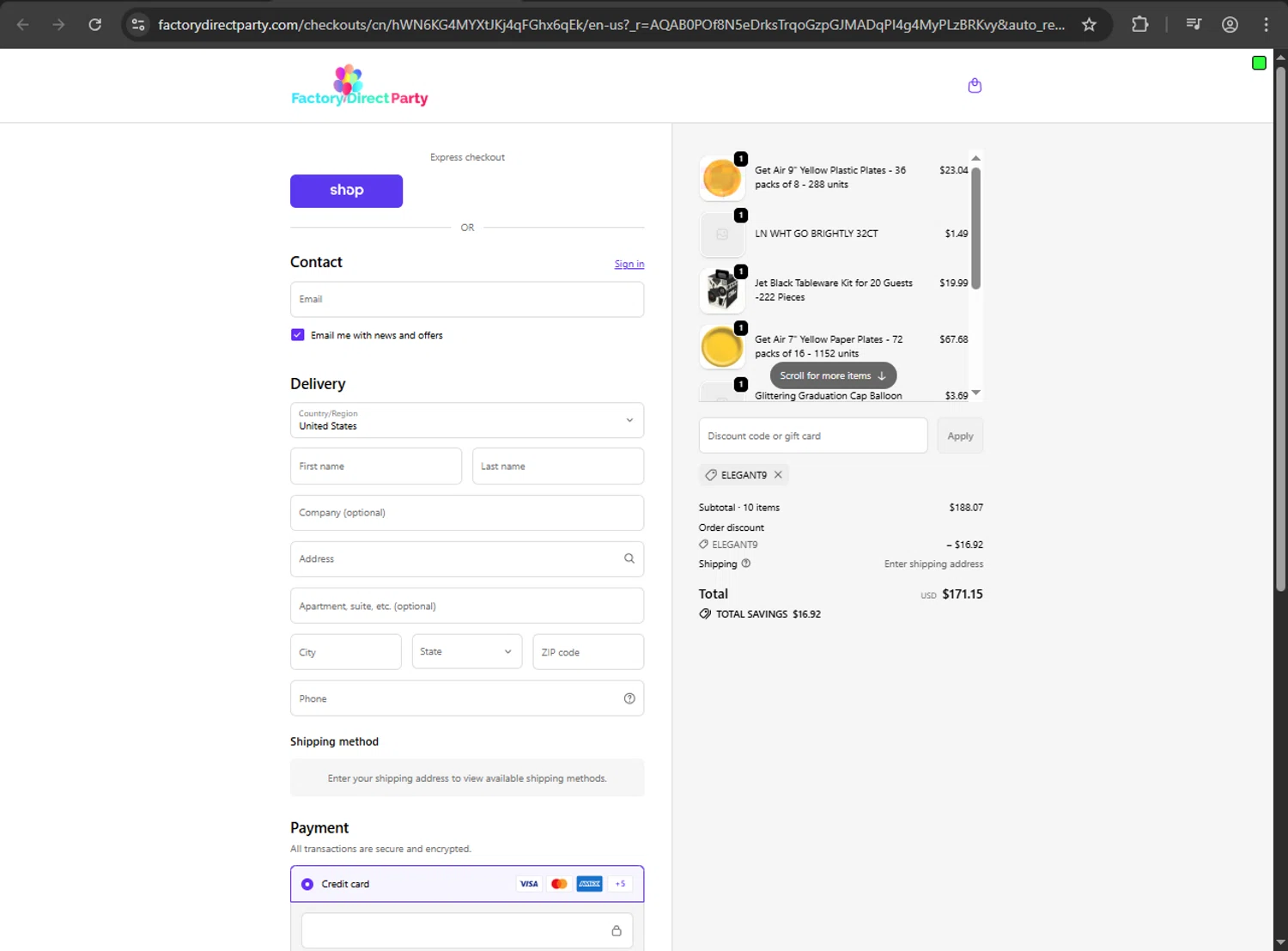 Factory Direct Party discount code screenshot showing code ELEGANT9 applied at Factory Direct Party checkout page. Uploaded by SimplyCodes community member nikelson on Dec 12, 2025