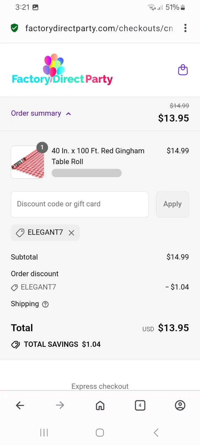 Factory Direct Party discount code screenshot showing code ELEGANT7 applied at Factory Direct Party checkout page. Uploaded by SimplyCodes community member MoneyMaven5115 on Aug 5, 2025