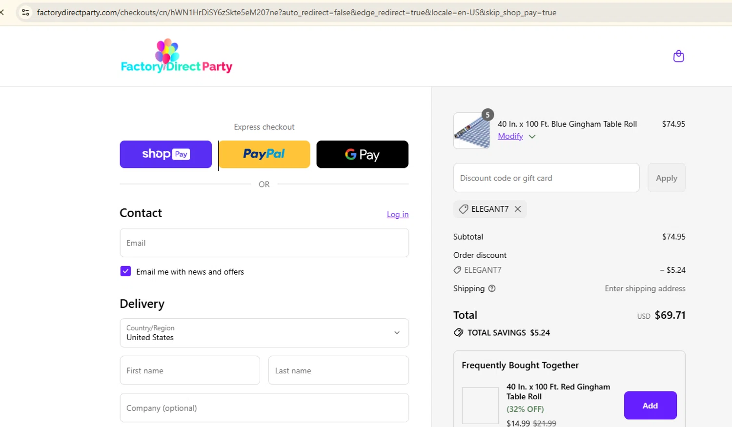Factory Direct Party discount code screenshot showing code ELEGANT7 applied at Factory Direct Party checkout page. Uploaded by SimplyCodes community member Samugl21 on Aug 1, 2025