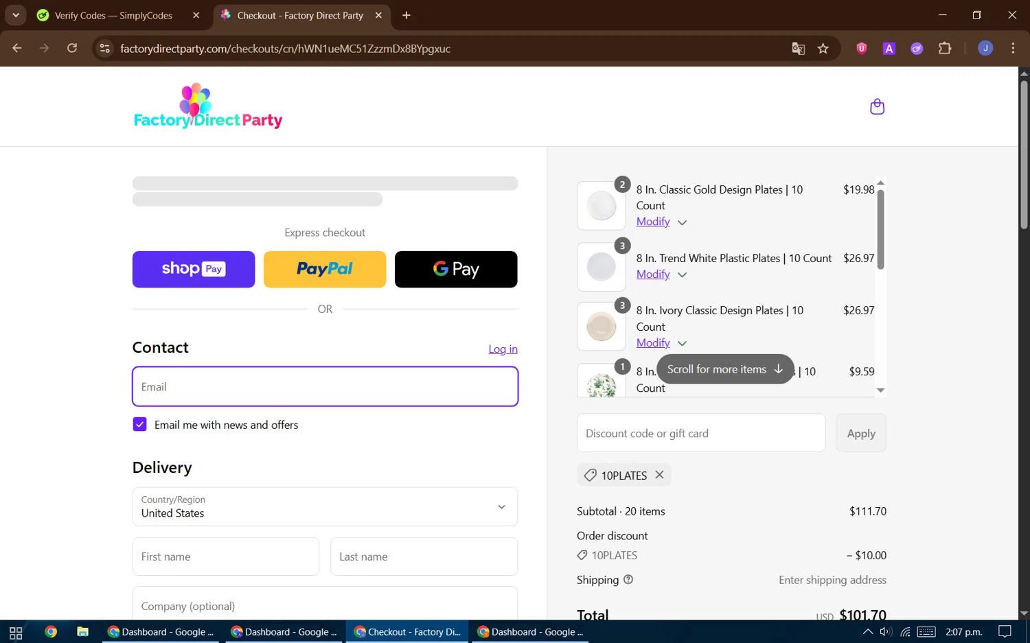 Factory Direct Party discount code screenshot showing code 10PLATES applied at Factory Direct Party checkout page. Uploaded by SimplyCodes community member DealFinder1711 on Aug 17, 2025