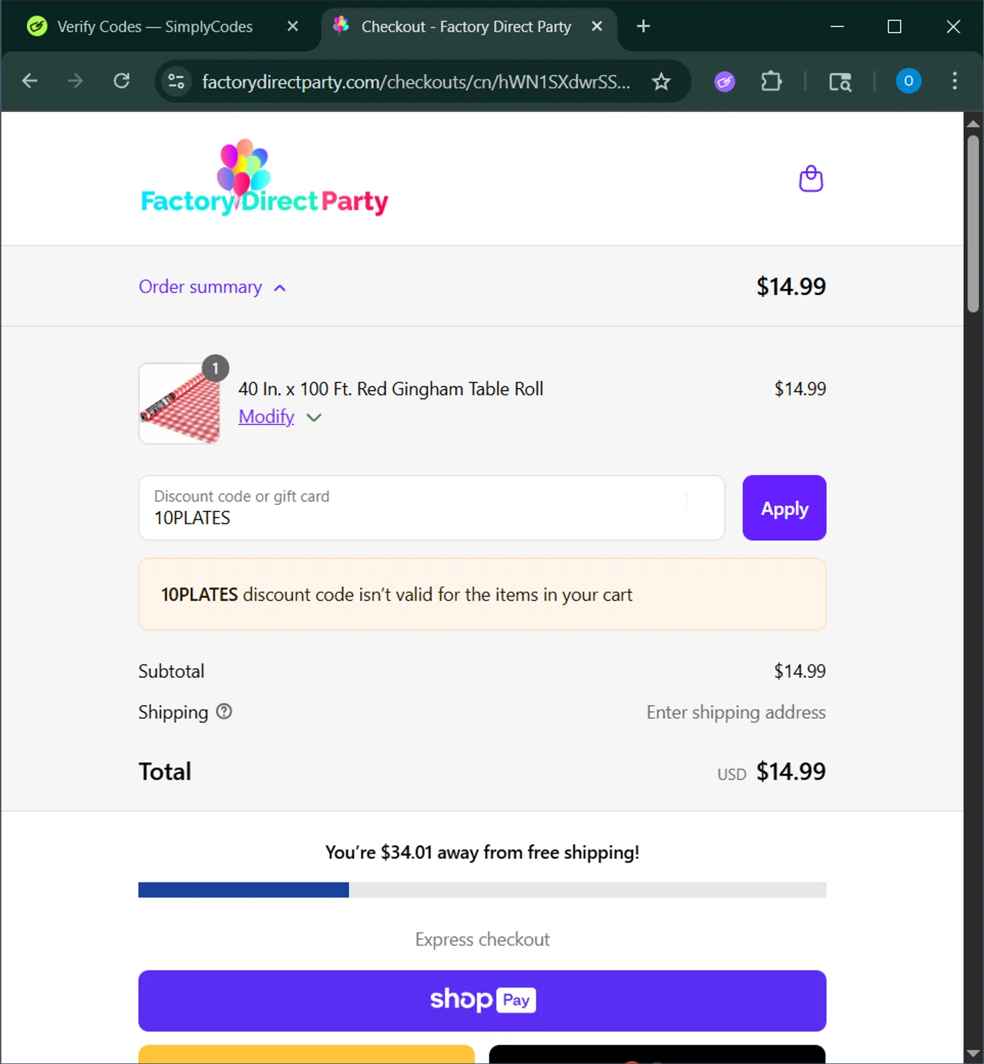 Factory Direct Party discount code screenshot showing code 10PLATES applied at Factory Direct Party checkout page. Uploaded by SimplyCodes community member GoldChaser6627 on Aug 5, 2025