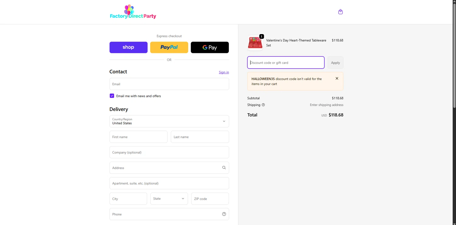Factory Direct Party checkout page showing Factory Direct Party discount code box | Screenshot taken by SimplyCodes community member on Feb 10, 2026