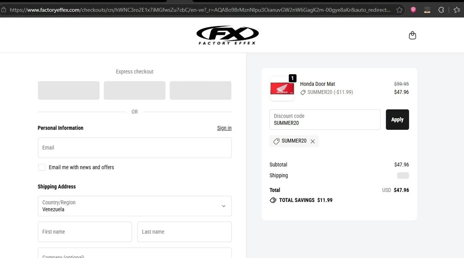 Factory Effex promo code screenshot showing code SUMMER20 applied at Factory Effex checkout page. Uploaded by SimplyCodes community member HonestVzla on Jun 3, 2026