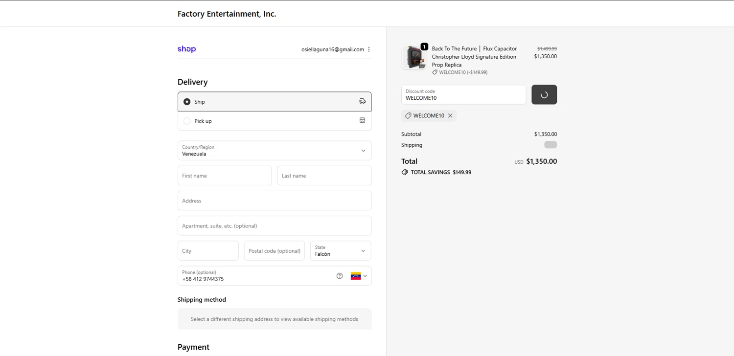 Factory Entertainment discount code screenshot showing code WELCOME10 applied at Factory Entertainment checkout page. Uploaded by SimplyCodes community member Elosox1 on Oct 28, 2025