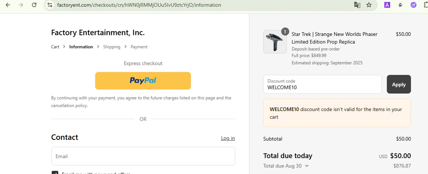 Factory Entertainment discount code screenshot showing code WELCOME10 applied at Factory Entertainment checkout page. Uploaded by SimplyCodes community member Fish3r on Jul 17, 2025
