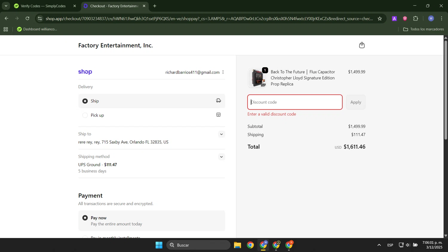 Factory Entertainment discount code screenshot showing code SPICE applied at Factory Entertainment checkout page. Uploaded by SimplyCodes community member ThriftyTracker446 on Dec 3, 2025