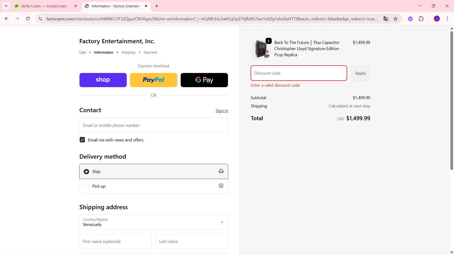 Factory Entertainment discount code screenshot showing code BTTF40 applied at Factory Entertainment checkout page. Uploaded by SimplyCodes community member MagnificentSleuth912 on Dec 3, 2025