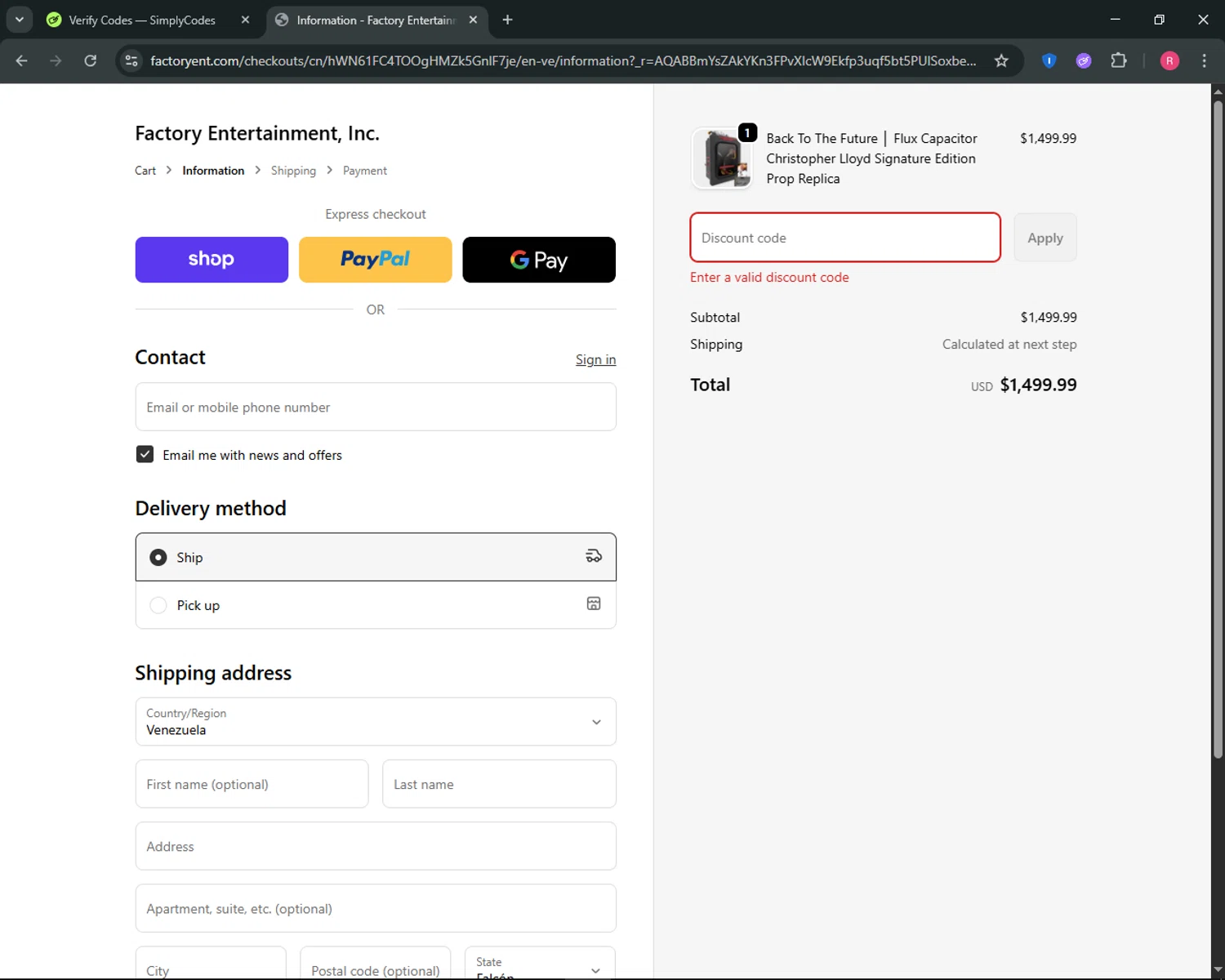 Factory Entertainment discount code screenshot showing code BTTF40 applied at Factory Entertainment checkout page. Uploaded by SimplyCodes community member ThriftyGuardian8485 on Dec 3, 2025