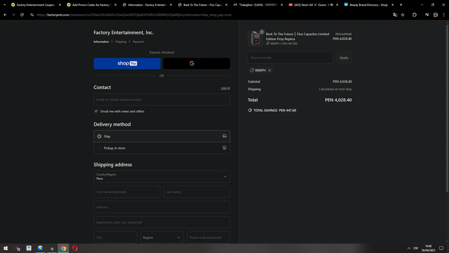 Factory Entertainment discount code screenshot showing code 88MPH applied at Factory Entertainment checkout page. Uploaded by SimplyCodes community member MarcosAranguren on Apr 26, 2025