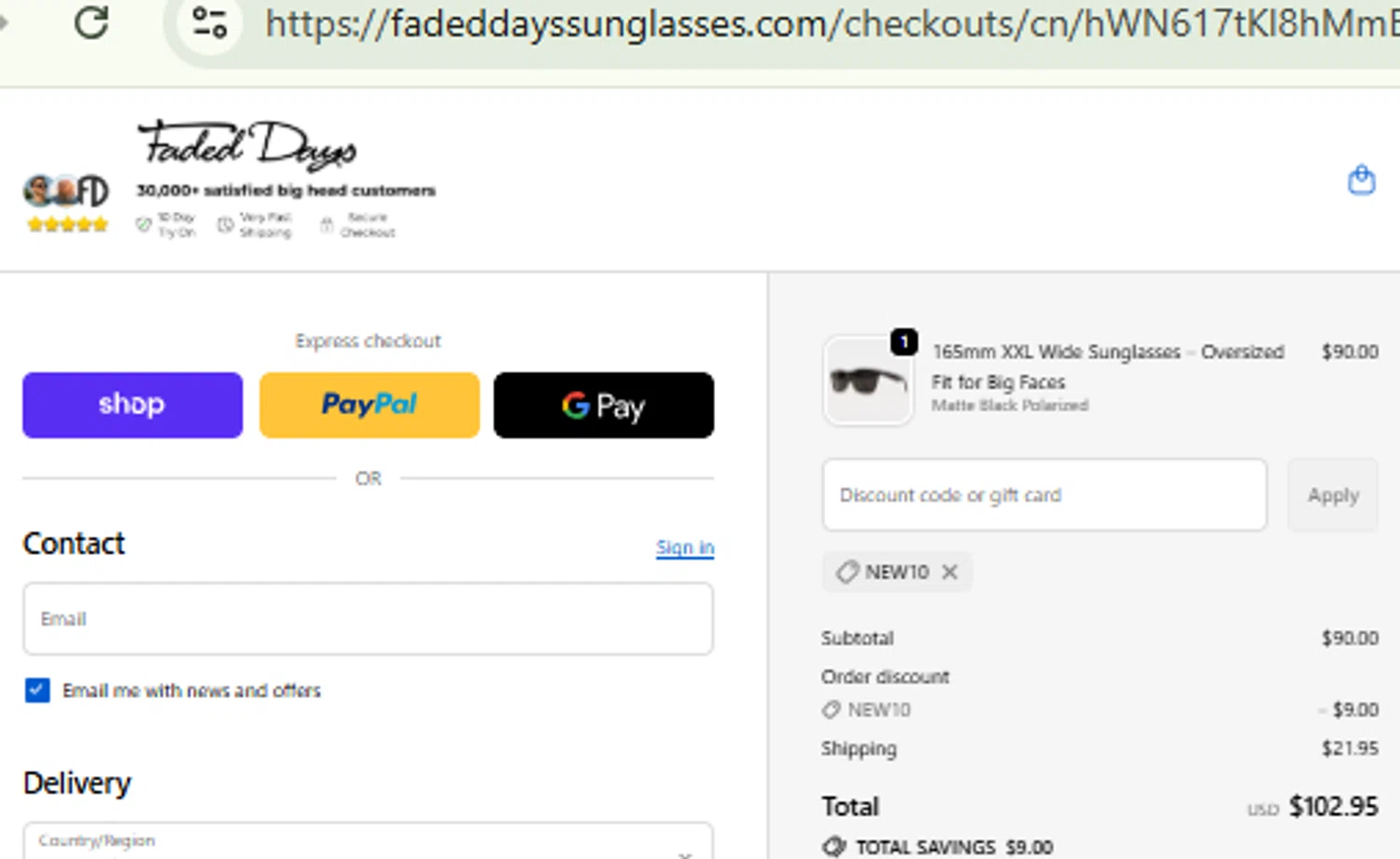 Faded Days discount code screenshot showing code new10 applied at Faded Days checkout page. Uploaded by SimplyCodes community member RewardFinder4836 on Dec 3, 2025