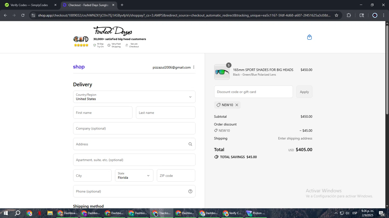 Faded Days discount code screenshot showing code new10 applied at Faded Days checkout page. Uploaded by SimplyCodes community member RoyalBoss4384 on Sep 3, 2025