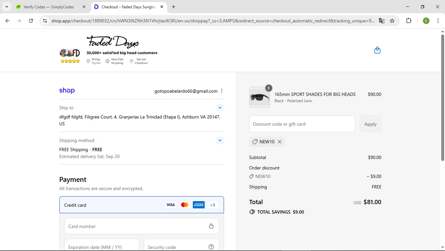 Faded Days discount code screenshot showing code new10 applied at Faded Days checkout page. Uploaded by SimplyCodes community member SUZUKIV on Sep 15, 2025
