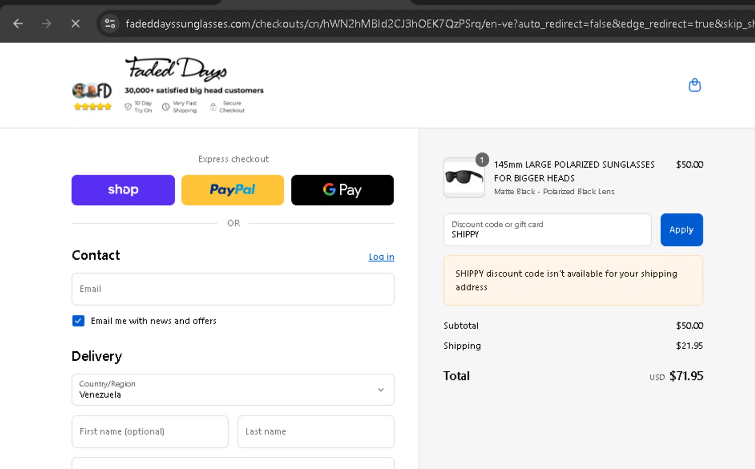 Faded Days discount code screenshot showing code SHIPPY applied at Faded Days checkout page. Uploaded by SimplyCodes community member BonusPro7395 on Sep 7, 2025