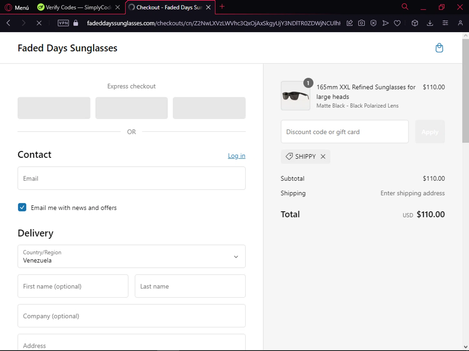 Faded Days discount code screenshot showing code SHIPPY applied at Faded Days checkout page. Uploaded by SimplyCodes community member CleverAdmiral2537 on Jan 8, 2025