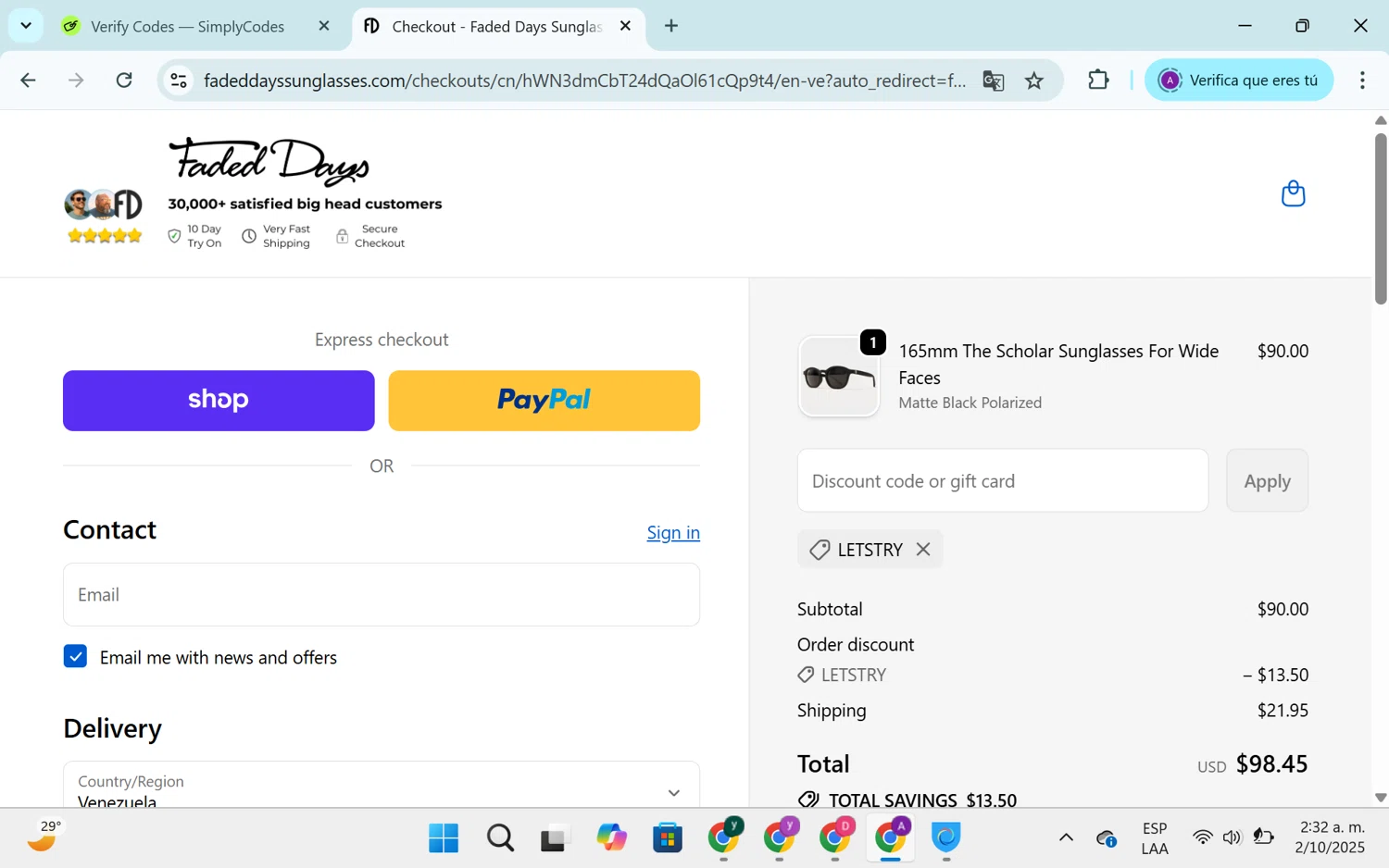 Faded Days discount code screenshot showing code LetsTry applied at Faded Days checkout page. Uploaded by SimplyCodes community member SEANJOHN55 on Oct 2, 2025