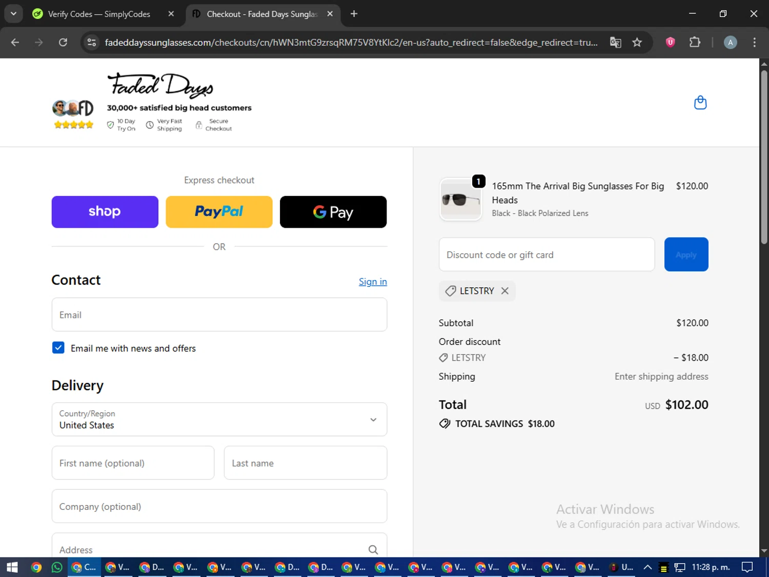 Faded Days discount code screenshot showing code LetsTry applied at Faded Days checkout page. Uploaded by SimplyCodes community member trippieredd on Oct 6, 2025