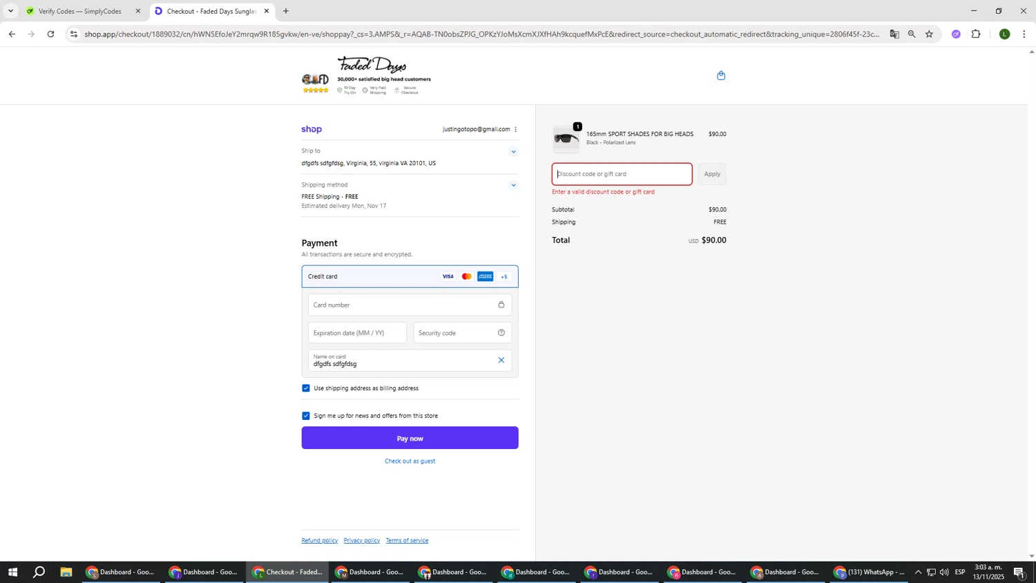 Faded Days discount code screenshot showing code UNSEATED applied at Faded Days checkout page. Uploaded by SimplyCodes community member DUCATI on Nov 13, 2025
