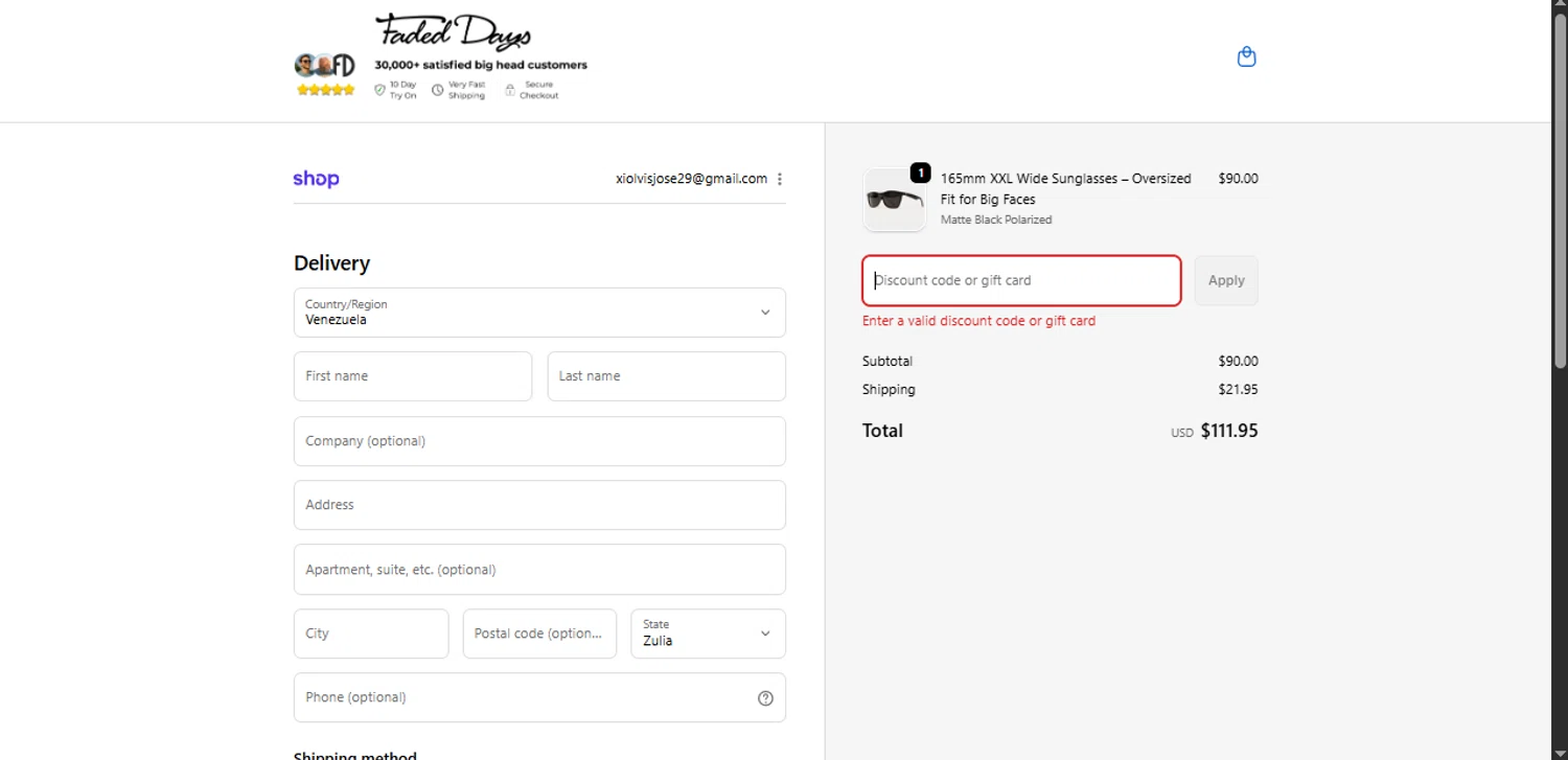 Faded Days discount code screenshot showing code CyberPipe applied at Faded Days checkout page. Uploaded by SimplyCodes community member Xiooh292929 on Dec 3, 2025